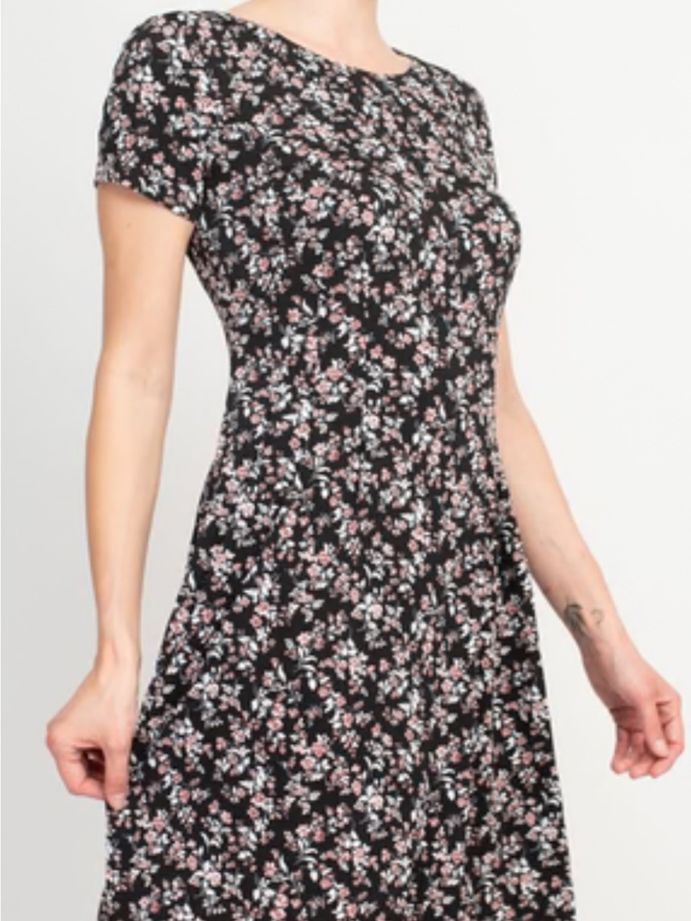 connected apparel Black Floral Midi Dress with Pink & White Accents